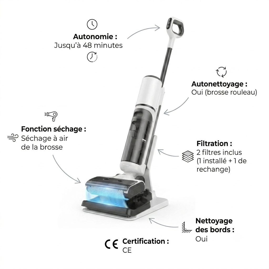 Aspirateur laveur sans fil Séchage à air autonettoyant STORM Aspiroclean