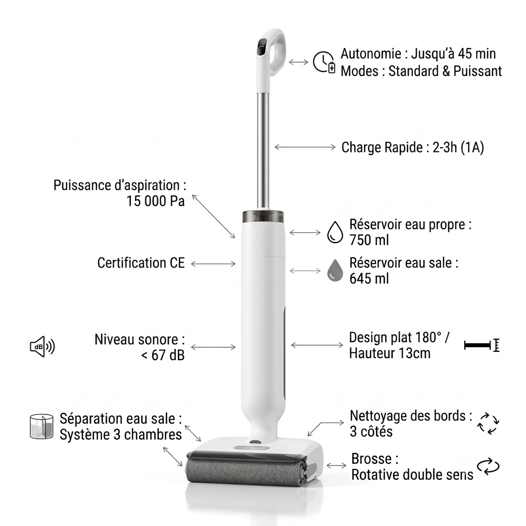 Aspirateur laveur sans fil autonettoyant et silencieux ZENITH Aspiroclean